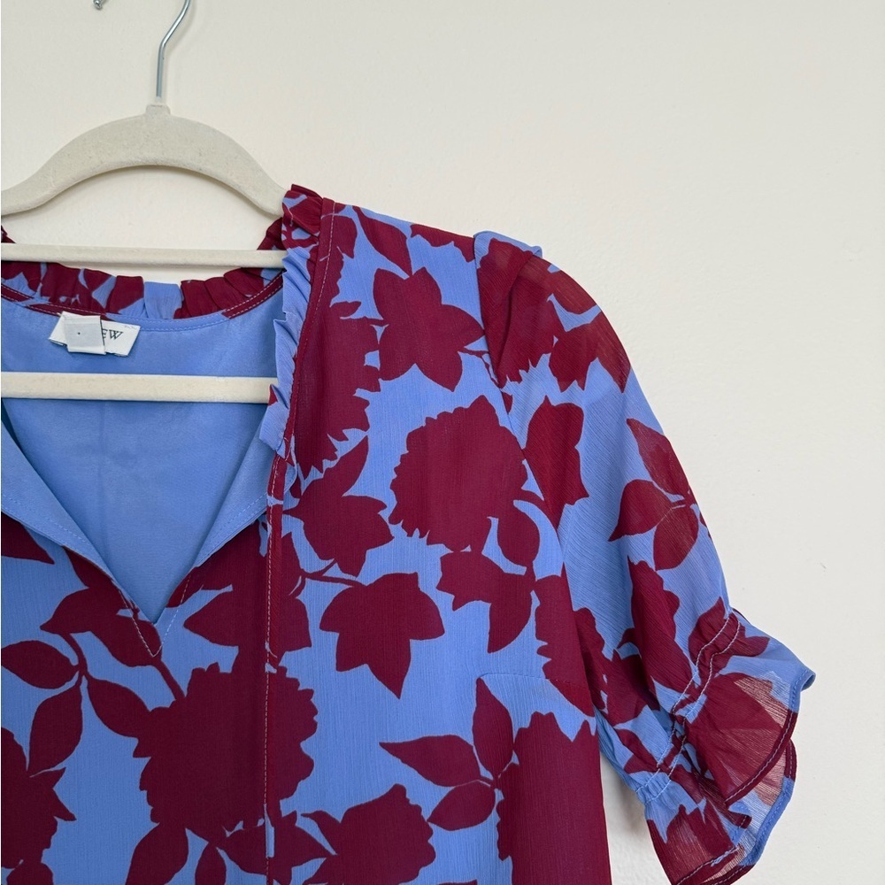 Jcrew Small Floral Print Short-Sleeve Blouse - Blue & Burgundy - Picture 3 of 4